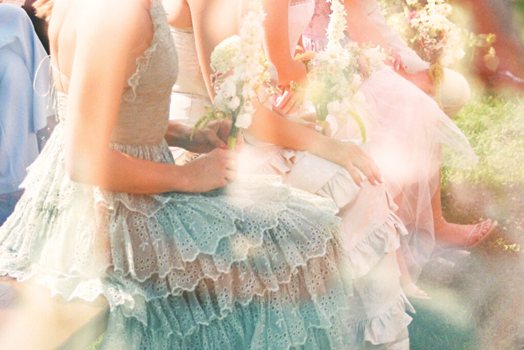 unique wedding film photography of eyelet bridesmaids dress, Vermont wedding photographer, Lillian Seibert with Gold Wing Photography. 